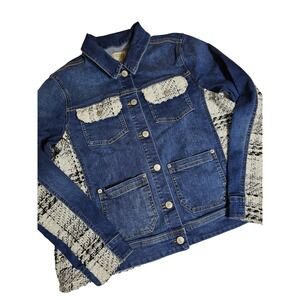 LOGO Lori Goldstein Denim Tweed Mixed Media Jacket Dark Wash Blue White Size 10